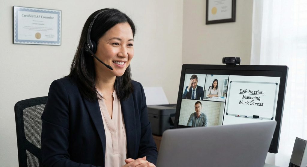 专业企业心理咨询师正在进行远程EAP视频咨询