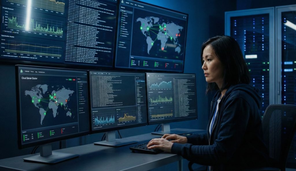 专业系统管理员(SysAdmin)正在监控云端服务器集群