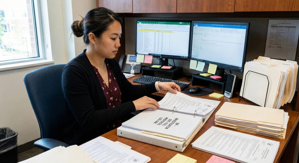 临床研究协调员(CRC)正在整理ISF研究者文件夹