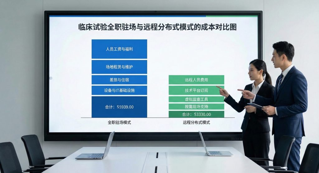 临床试验全职驻场与远程分布式模式的成本对比图