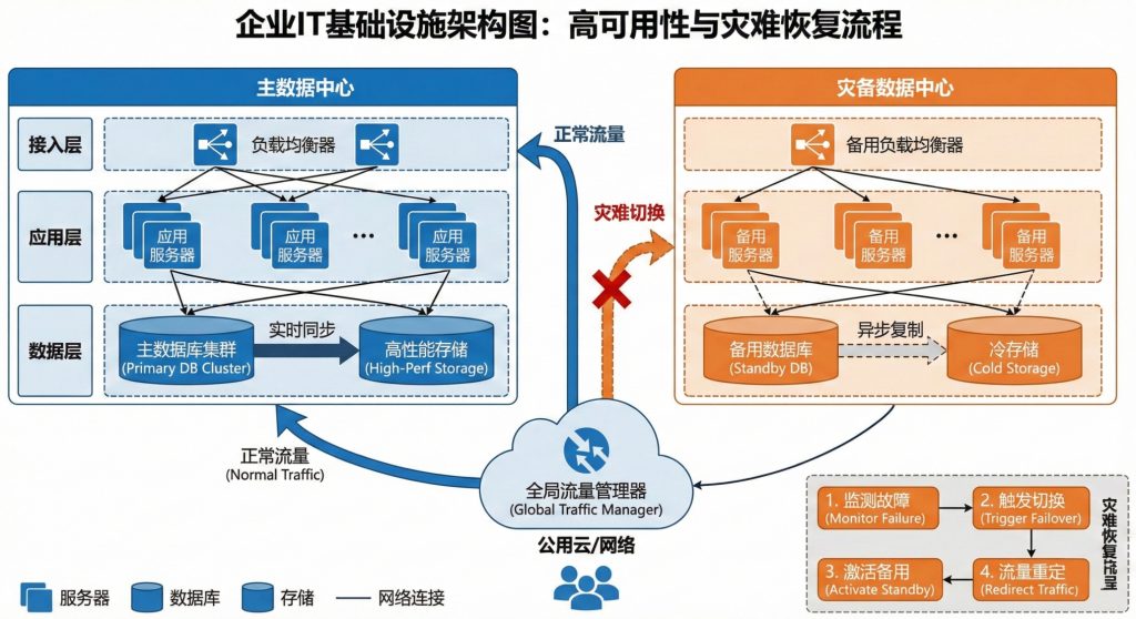企业IT基础设施架构图：高可用性与灾难恢复流程