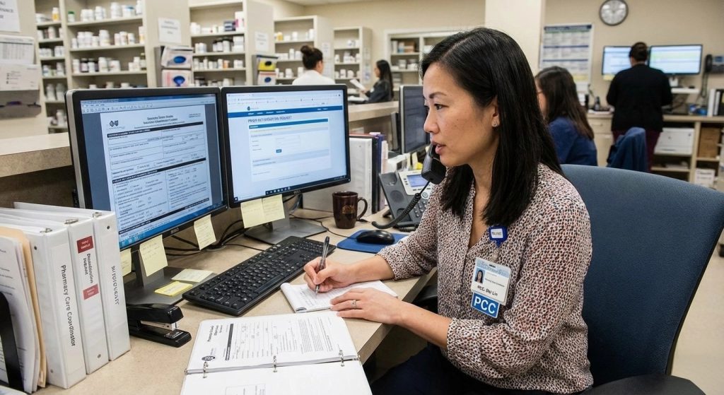 药房护理协调员(PCC)正在处理药物预先授权(PA)