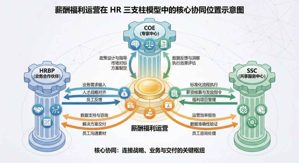 薪酬福利运营在 HR 三支柱模型中的核心协同位置示意图