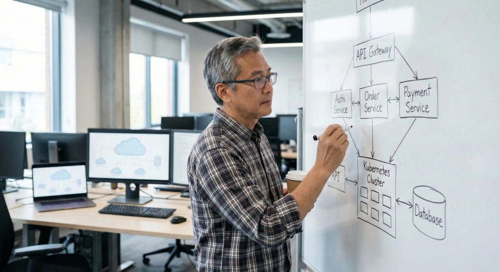 资深云架构师(Cloud Architect)正在规划微服务架构图