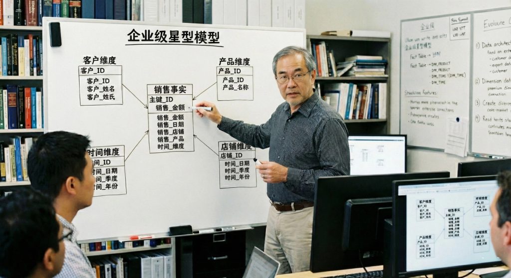 资深数据建模专员正在设计企业级星型模型 (Star Schema)
