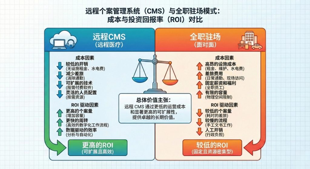 远程个案管理系统(CMS)与全职驻场模式的成本ROI对比图