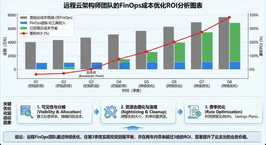 远程云架构师团队的FinOps成本优化ROI分析图表