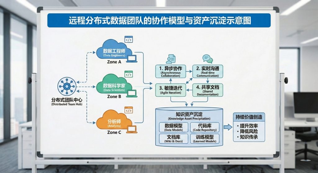 远程分布式数据团队的协作模型与资产沉淀示意图