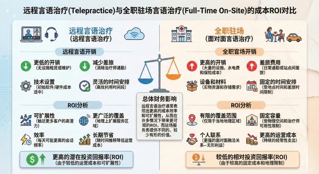 远程言语治疗(Telepractice)与全职驻场的成本ROI对比图